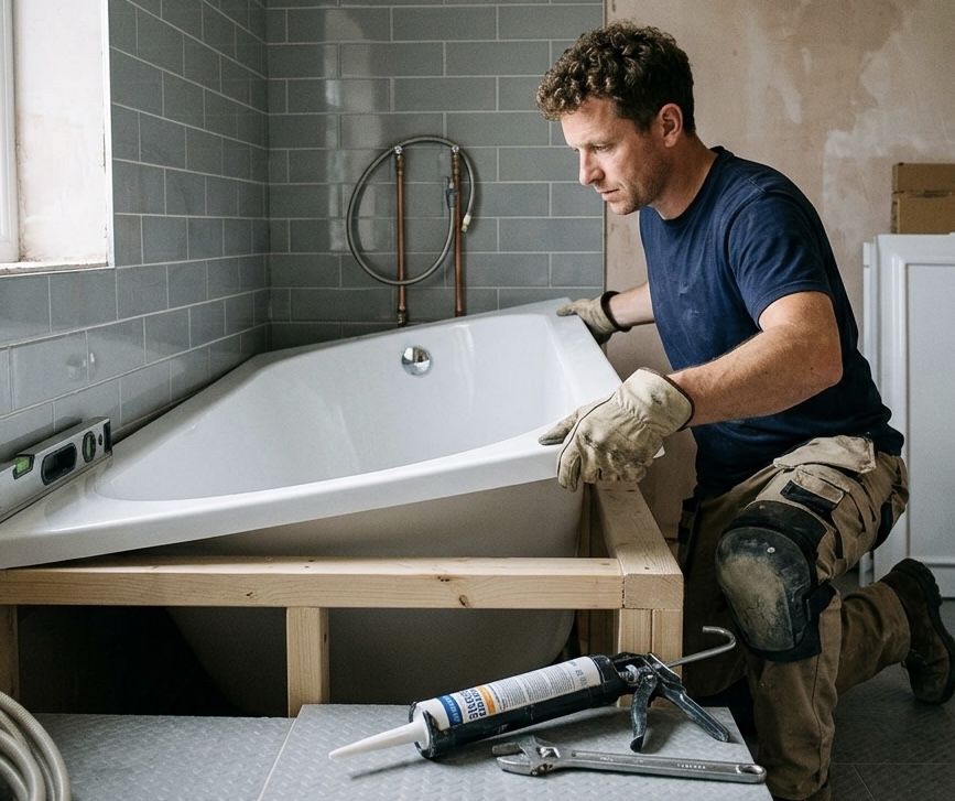 Bath being installed in a bathroom